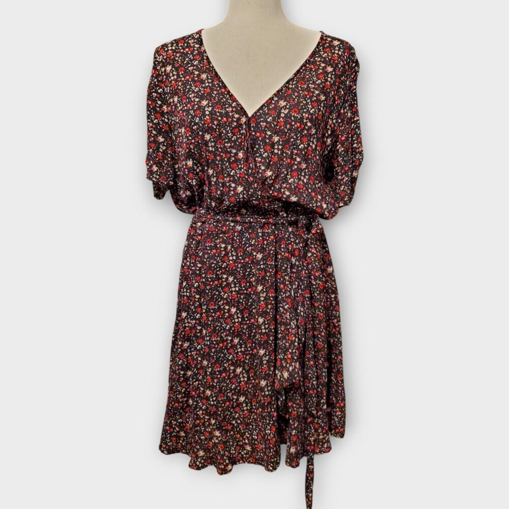 Lucky Brand Dress Womens Large Black Red Floral Puffed Sleeve Mock Wrap Boho